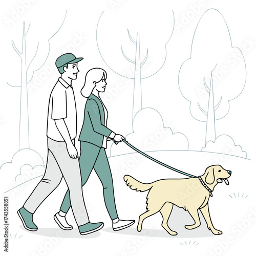 Enjoyable afternoon stroll with a golden retriever in the park together, promoting healthy lifestyle and companionship with beloved dog friends forever
