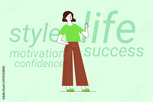 Confident person standing casually, wearing green top and brown pants, conveying message of motivation and success. Inspiring words on background