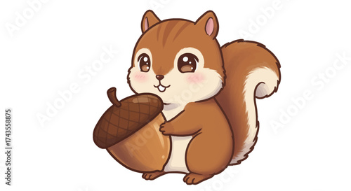 Cute squirrel with acorn brown fur big eyes fluffy tail cartoon style