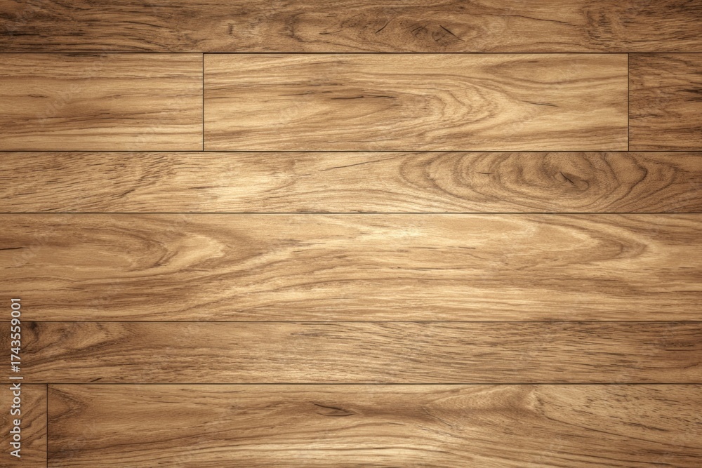 Fototapeta premium Overhead view of a wood plank floor, showing the natural grain and texture in a warm brown hue