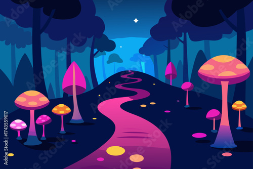 Illustration of a magical forest with pink pathway