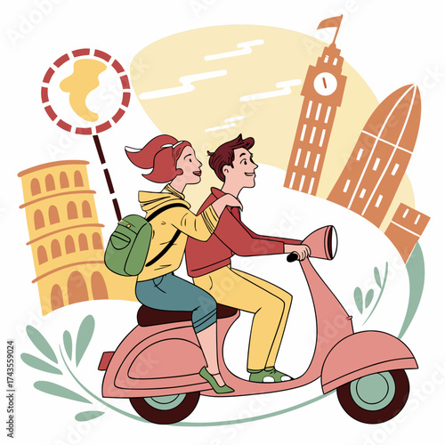 Young couple's exciting European adventure on a scooter, exploring famous landmarks like the Colosseum and Big Ben, creating unforgettable travel memories