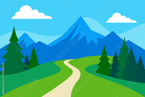 Landscape view with trees mountains and winding path