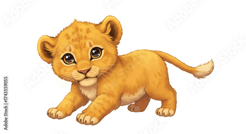 Illustration of a cartoon lion cub golden fur playful pose white background