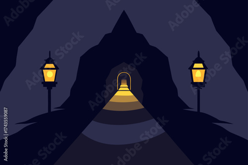 A dark cave entrance lit by two glowing lanterns