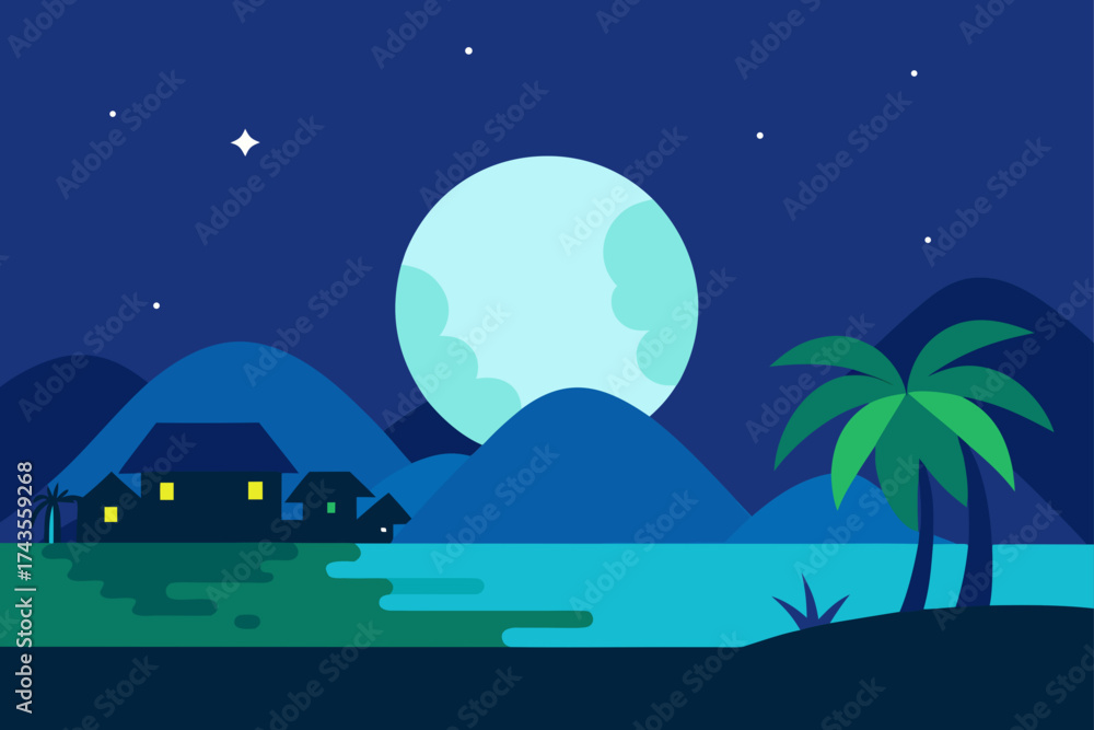 Naklejka premium Night scene with moon houses and palm trees vector