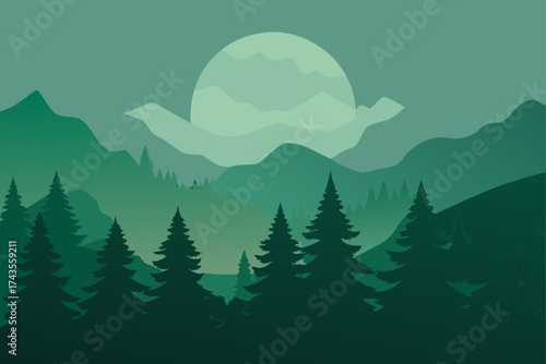 Green landscape with mountains and trees and moon