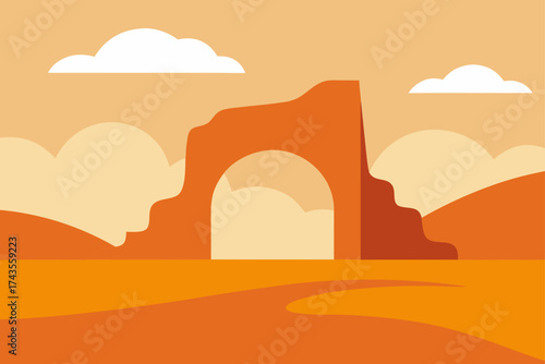 Desert landscape with rock arch and cloudy sky view