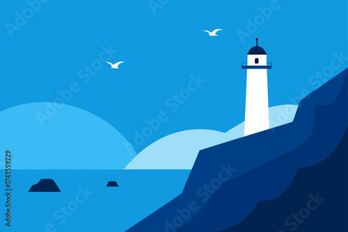 Illustration of a lighthouse on a rocky coastline