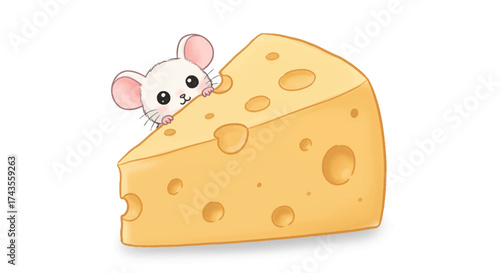 Cartoon image shows a mouse peeking over a large wedge of Swiss cheese