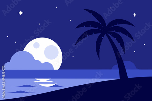 Nighttime beach scene with palm tree and full moon
