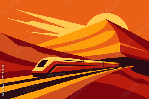Orange train speeding through desert landscape view