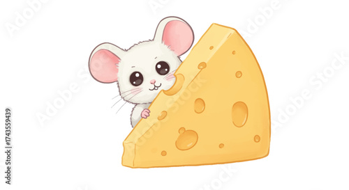 A cute white mouse with pink ears peeks from behind a triangular piece of yellow holey cheese