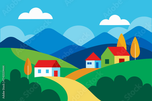 Colorful landscape with houses trees and mountains