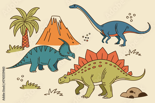 Vibrant and diverse collection of prehistoric dinosaurs in a colorful detailed illustration perfect for educational or decorative purposes