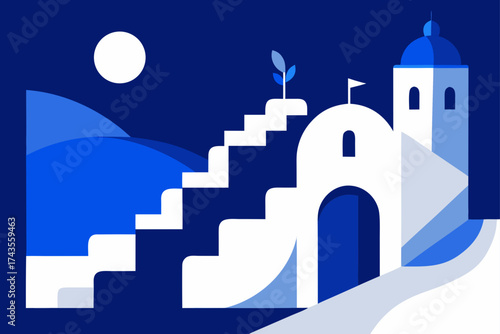 White building with stairs under a moonlit sky art