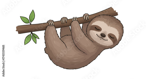 A cartoon sloth is hanging from a branch with green leaves