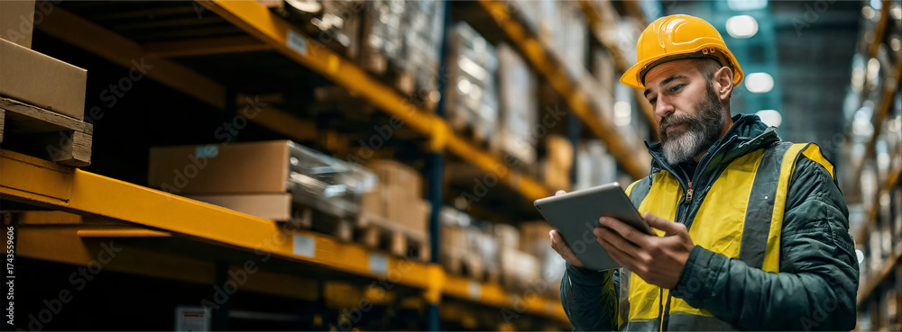 Fototapeta premium A focused warehouse worker with safety gear, reviews inventory details on a tablet in a vast storage facility. The scene captures industrial precision and the diligent management of logistics.