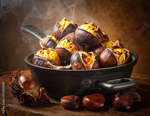 Roasted chestnuts in a pan, steaming