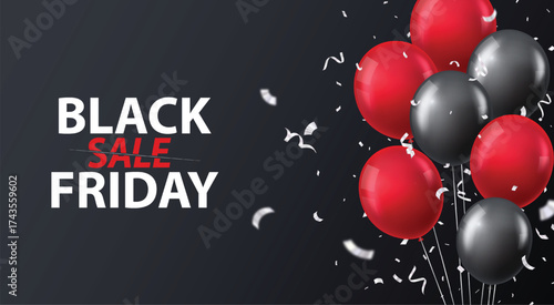 Black friday sale design with black, red balloons and silver confetti