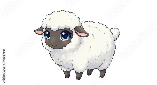A cartoon sheep with white fleece a dark face and bright blue eyes It stands on a white background
