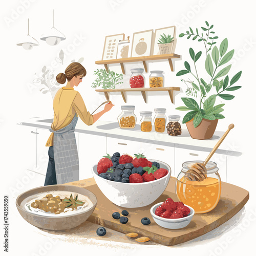 Vector art of woman preparing a healthy breakfast with oatmeal, berries, and honey in a cozy kitchen, creating a delicious and nutritious meal at home