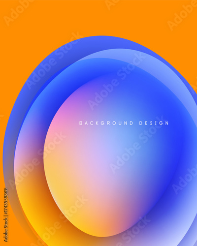 Abstract vibrant layers create circular design. Orange, blue, purple hues blend smoothly. Modern background texture.