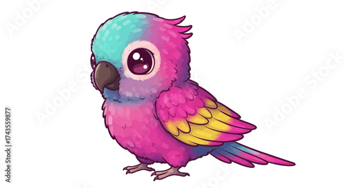 Colorful parrot with blue head pink body yellow wing black beak standing