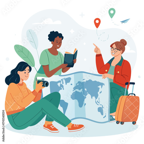 Vector art of three cheerful women planning a trip together, looking at a map, book and camera, sitting on the floor
