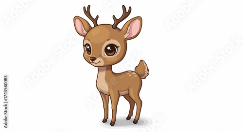 Cute cartoon deer with brown fur and antlers standing on a white background