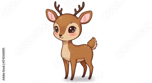 Cute cartoon deer with brown fur small antlers and rosy cheeks stands on a white background