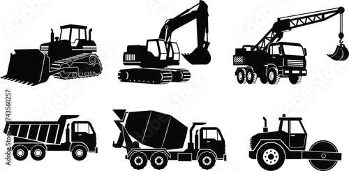 Construction vehicle vector set, black silhouette illustrations, bulldozer, excavator, crane, dump truck, cement mixer, road roller, machinery bundle