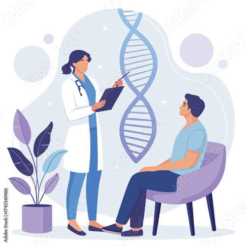 Vector art of a female doctor explains the dna structure to a male patient in the clinic, discussing genetic testing and personalized medicine