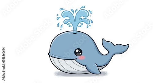 A cute blue whale with a water spout round eyes and a pink blush