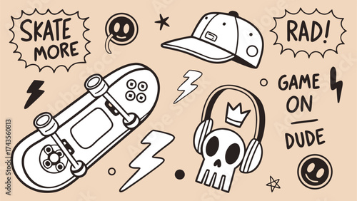 Dynamic hand drawn collage capturing the vibrant spirit and elements of skateboard culture