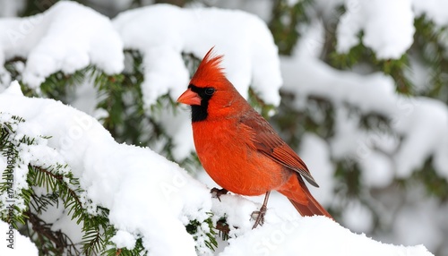 Red cardinal bird perched on snowy branches winter scene nature photography