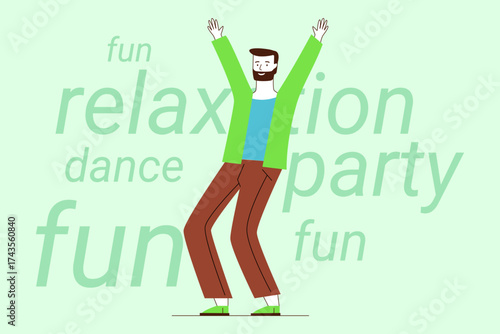 Person joyfully dancing with arms raised high, embodying spirit of fun and relaxation. Words related to celebration and enjoyment, creating lively atmosphere