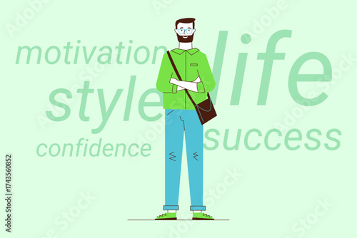 Man in green shirt and glasses standing with his arms crossed, exuding confidence. Words like motivation, style, and success, highlighting inspiring theme