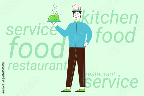 Chef standing proudly in colorful kitchen, presenting steaming dish. Culinary creativity and service concept