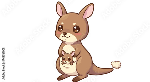 Cartoon kangaroo standing has a baby in pouch