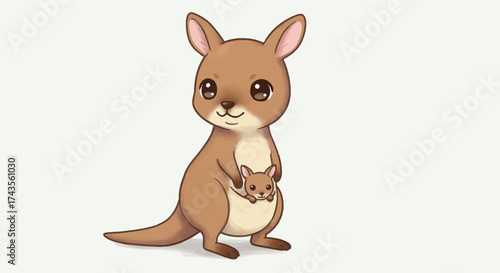 Cute cartoon kangaroo with a joey in its pouch depicted in a soft illustrated style