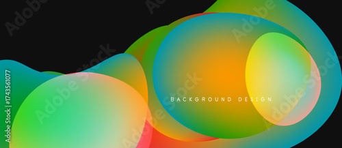 Abstract colorful shapes overlap, creating vibrant fluid design. Gradient hues blend smoothly, forming dynamic composition.