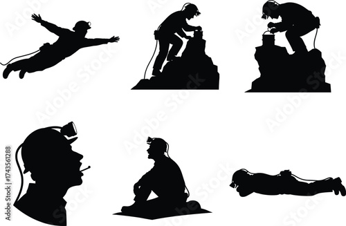 Silhouette Vector of Cave Explorers and Cavers in Action with Helmets, Headlamps, and Climbing Gear for Adventure and Exploration Themes