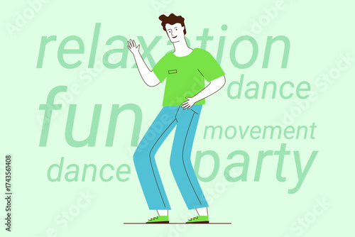 Person with cheerful expression dancing joyfully, showcasing movements expressing relaxation and fun at lively party. Energy and excitement concept