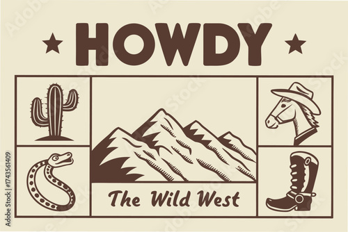 Collection of wild west themed icons arranged in a grid layout for graphic design projects