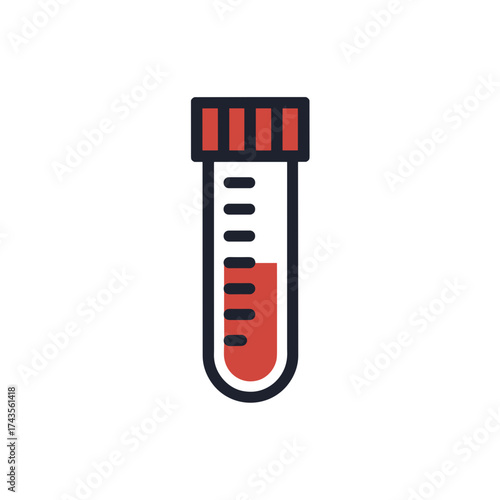 Blood sample in clear test tube with red cap in the lab. Blood sample collection in glass vial for laboratory research and clinical testing. Concept blood sample for medical science.