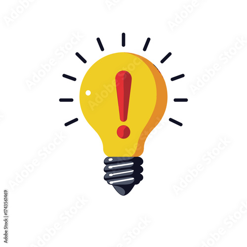 Warning sign lightbulb shining brightly on white, highlighting important information. Lightbulb serves as warning sign, signaling attention to detail.