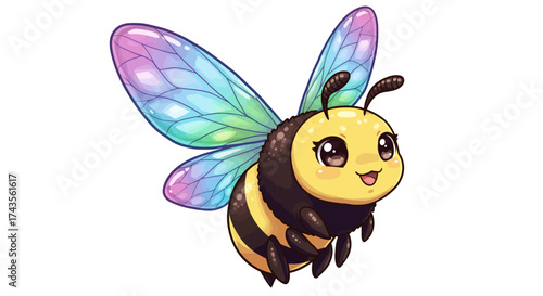 A cartoon bee with pastel wings smiles its body striped with black and yellow