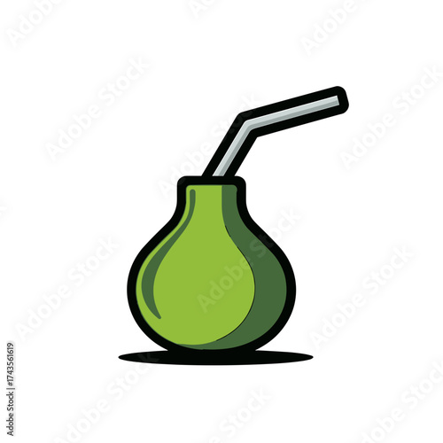 Yerba mate drink with green calabash gourd and metal straw isolated on white background. Yerba mate beverage is prepared and consumed in Argentina, Paraguay, Uruguay, and Brazil,