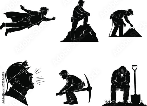 Silhouette Vector of Underground Miners with Headlamps, Tools, Shovels, and Pickaxes in Various Working and Resting Poses for Mining Themes